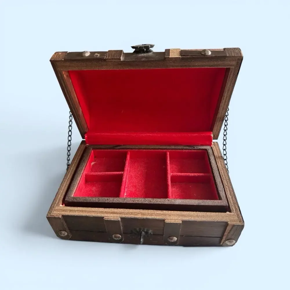 Wooden Pirate Style Jewelry Box Velvet Lined Removable Tray Decorative Lock